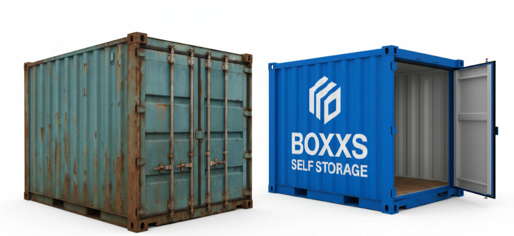 Side-by-side comparison showing a used storage container next to a brand-new Boxxs Self Storage container in Linlithgow, serving Bo’ness and West Lothian