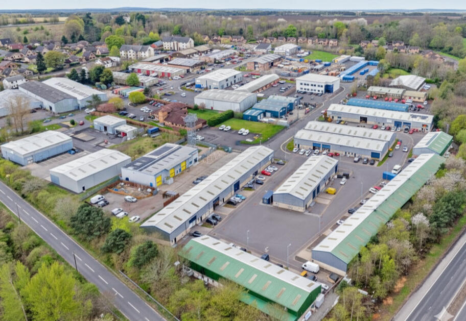 Aerial photo of Mill Road Industrial Estate in Linlithgow, West Lothian, where Boxxs Self Storage is based, serving Bo’ness, Falkirk, and Polmont