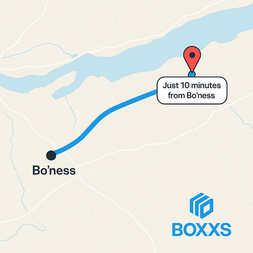 Map showing Boxxs Self Storage in Linlithgow, only 10 minutes from Bo’ness, serving customers across West Lothian.