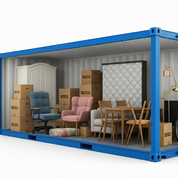 Cutaway view of a 20ft self storage container at Boxxs Linlithgow showing what can fit inside, equivalent to the contents of a three-bedroom home or a garage